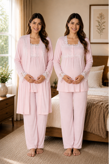 Effortt 2401P Pudra Lohusa Pijama Takım Sabahlık Effortt 2401P Pudra Lohusa Pijama Takım Sabahlık